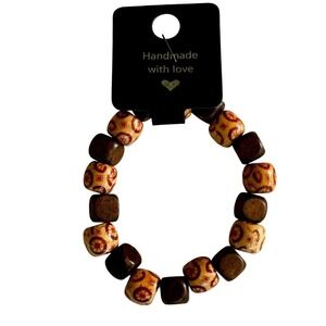 Handmade Wooden Cube Bead Bracelet Tan‎ Brown Earthy Boho Stretch